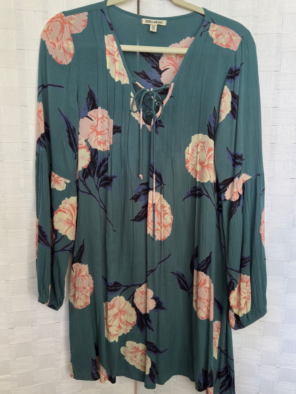 Billabong Teal Floral Lace-Up Long Sleeve Dress Tunic